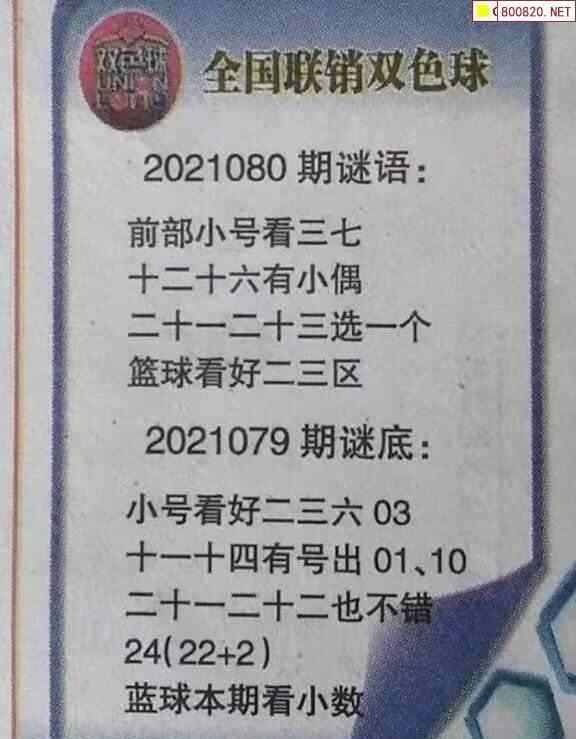 双色球2021080期全国联销图迷