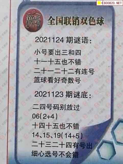 双色球2021124期全国联销图迷