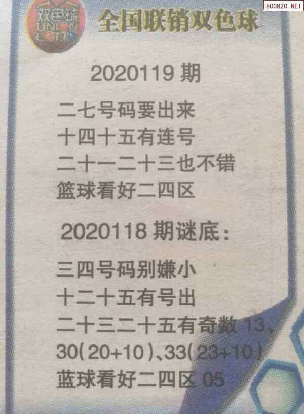 雙色球2020119期全國聯銷圖迷