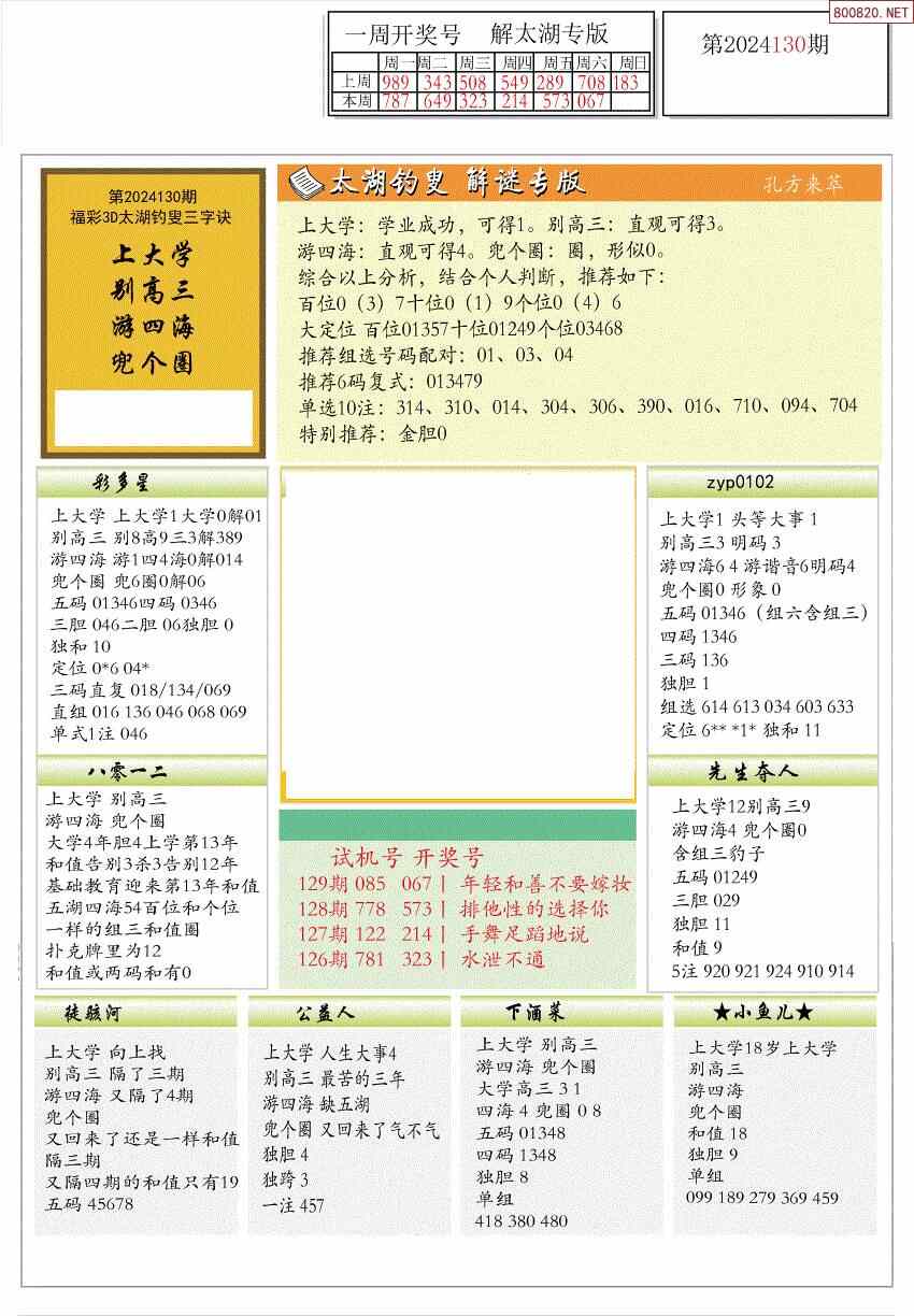 24年130期解太湖3d字图迷汇总彩报