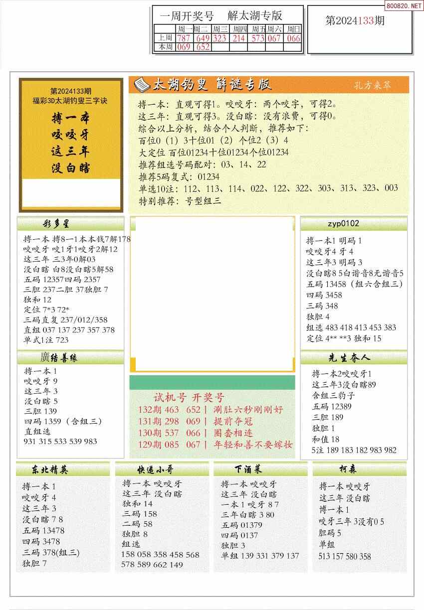 24年133期解太湖3d字图迷汇总彩报